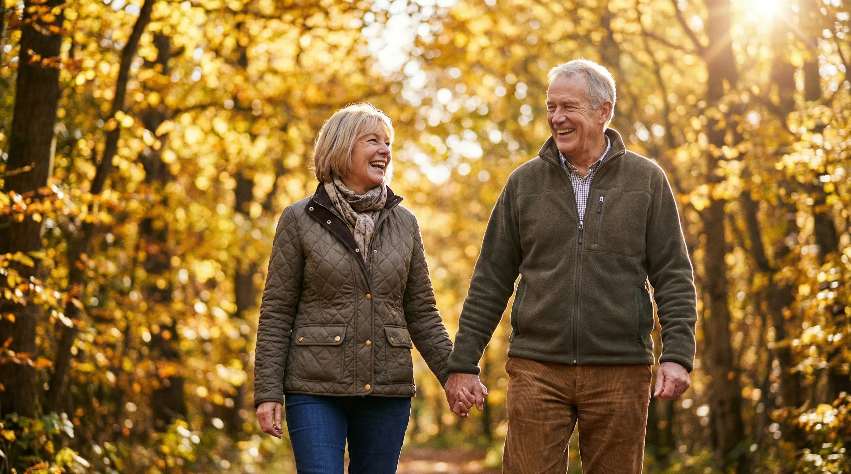 Older couple walking outside with confidence