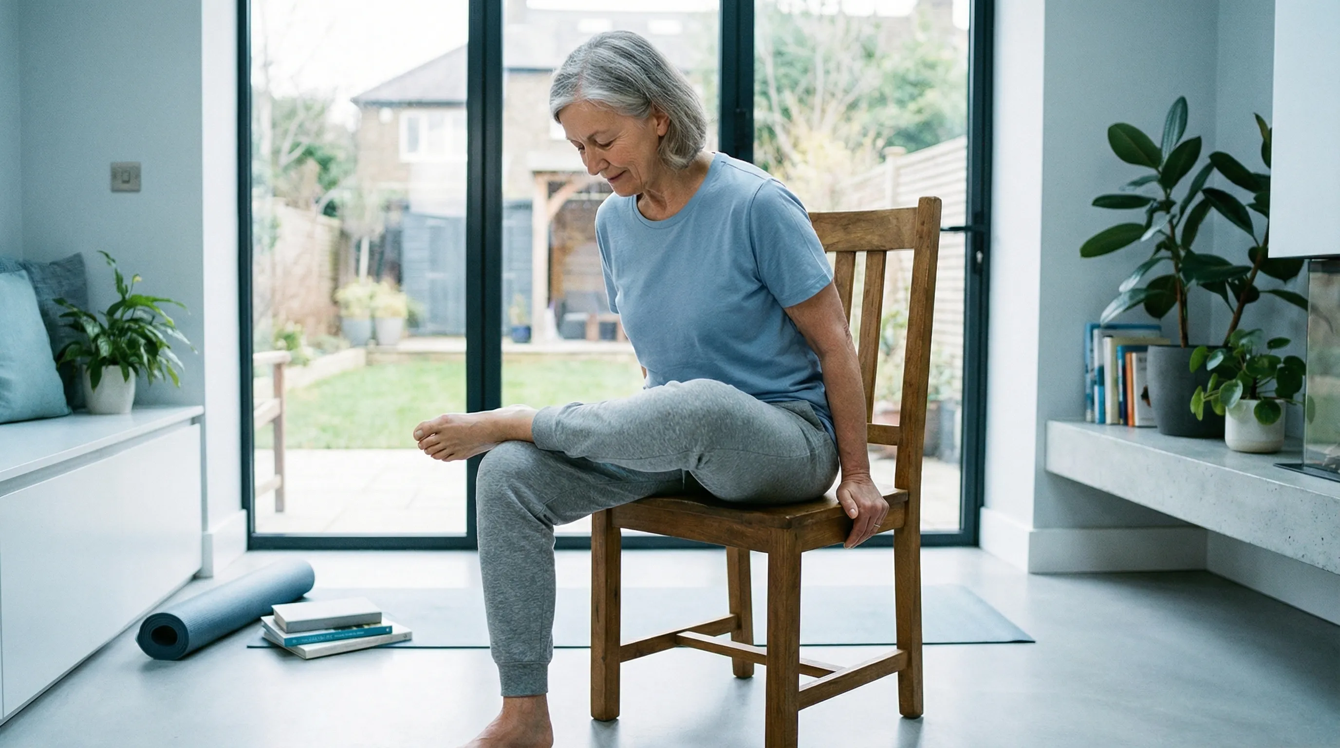 Adult over 55 performing a gentle hip stretch at home