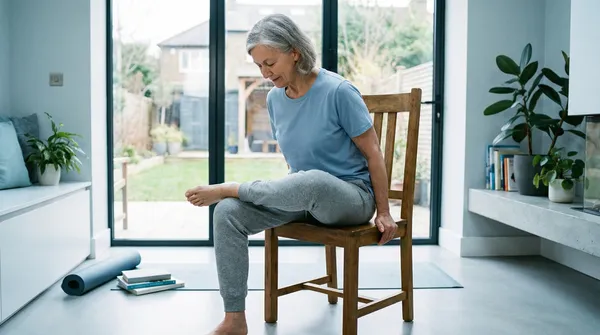 Person doing a gentle seated hip stretch in a bright living room