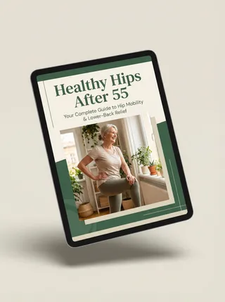 Healthy Hips After 55 guide cover showing gentle stretching exercises
